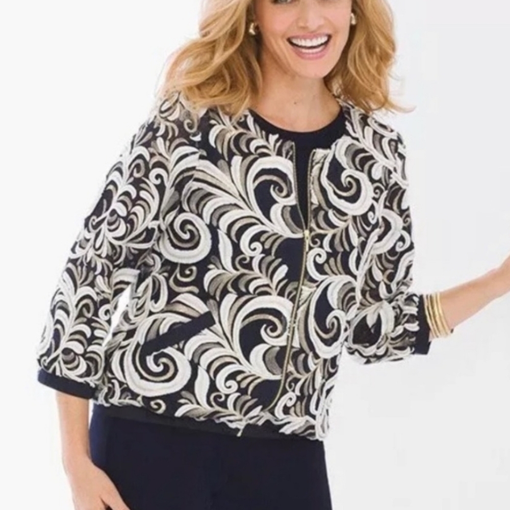 Chicos Travelers Sz 3 Navy Gold White Swirl Embroidery Zip Up Jacket Blazer 16